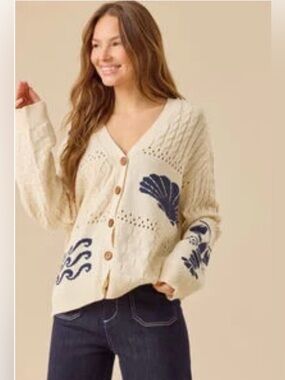 Altar'd State Cream Cable Knit Cardigan with Navy Shells